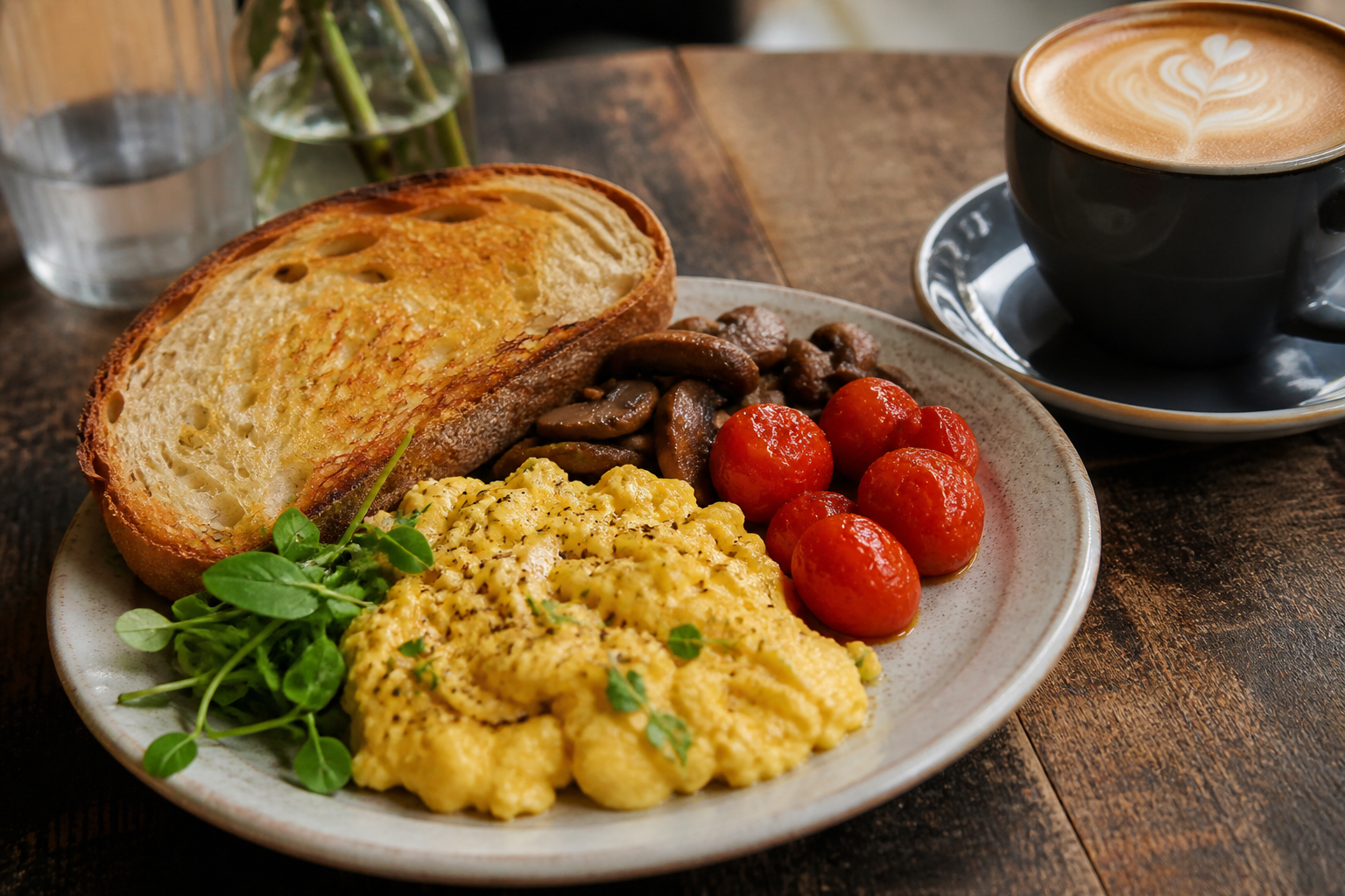 Cafe brunch plate and flat white coffee