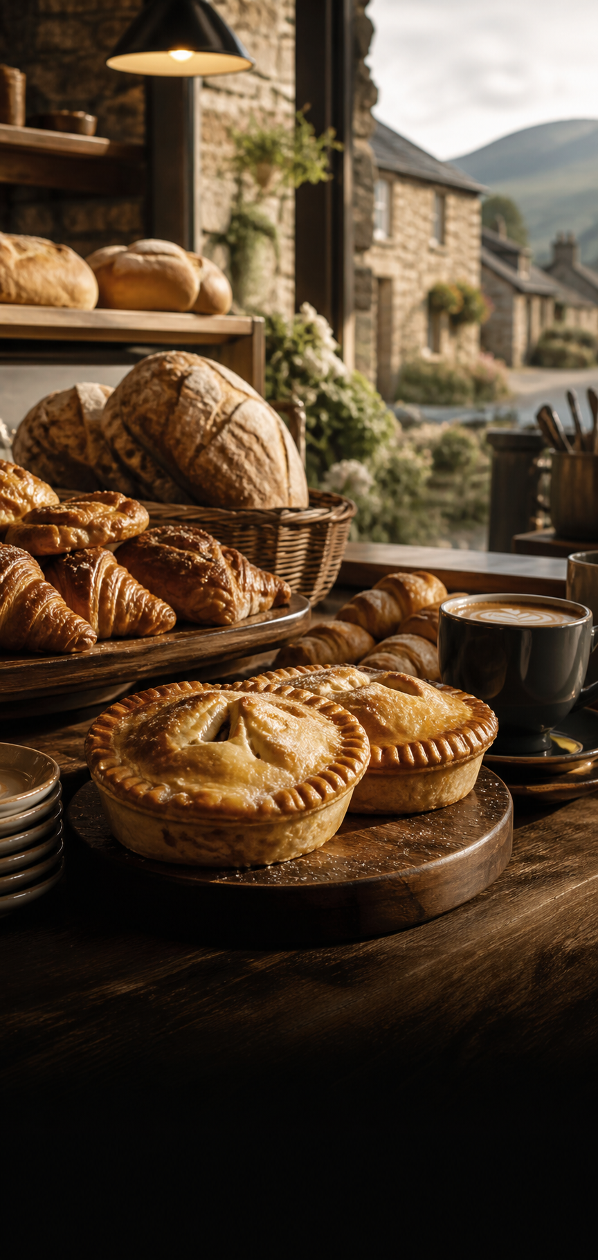 Warm cafe bakery counter with pies and coffee