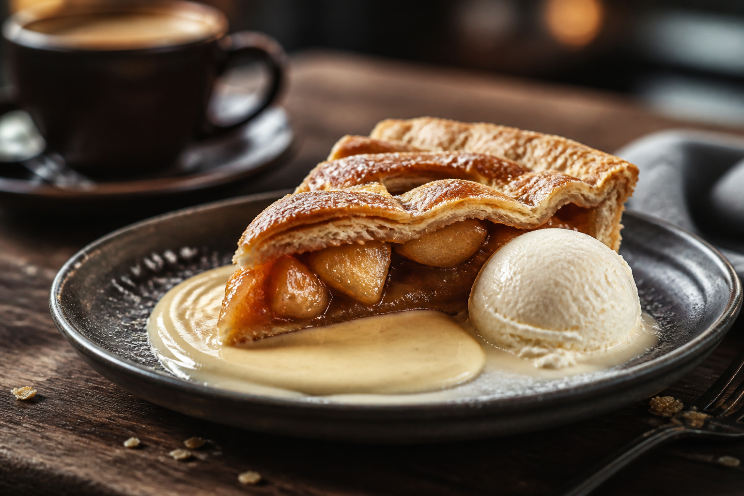 Apple pie with custard and ice cream